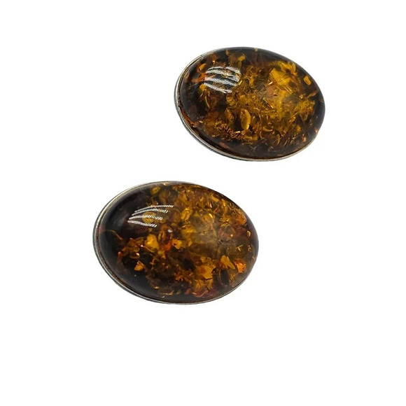 925 Sterling Silver Amber Gemstone Oval Clip on Earrings Vintage - Picture 2 of 4